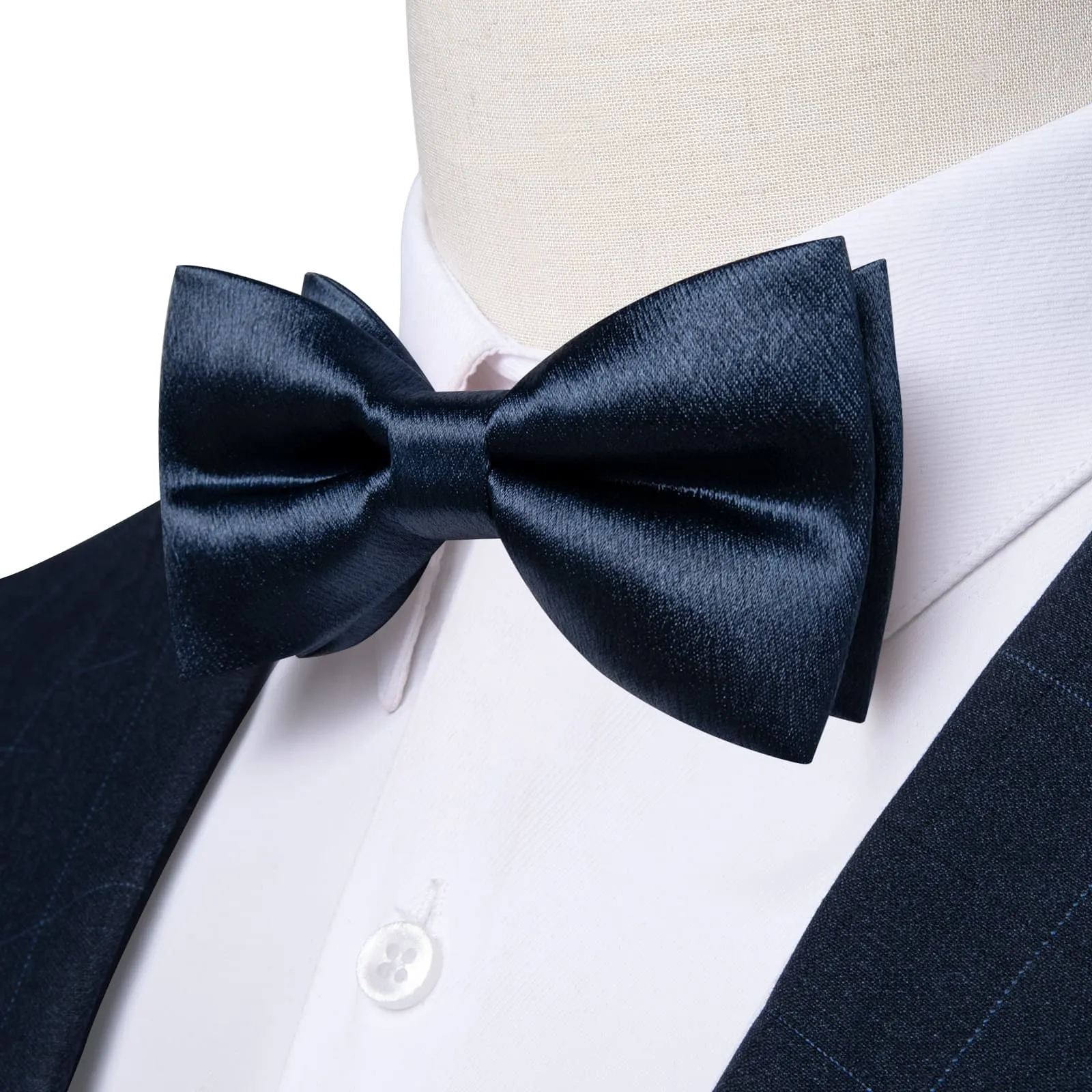 DiBanGu Silk Bow Tie Shining Denim Blue Solid Mens Pre-Tied Bowtie Handkerchief Cufflinks Set