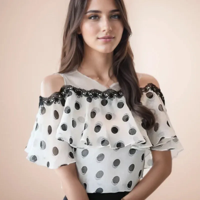 Dot Polka Sleeve Summer Short Loose Fashionable Sweet Chiffon Casual Top