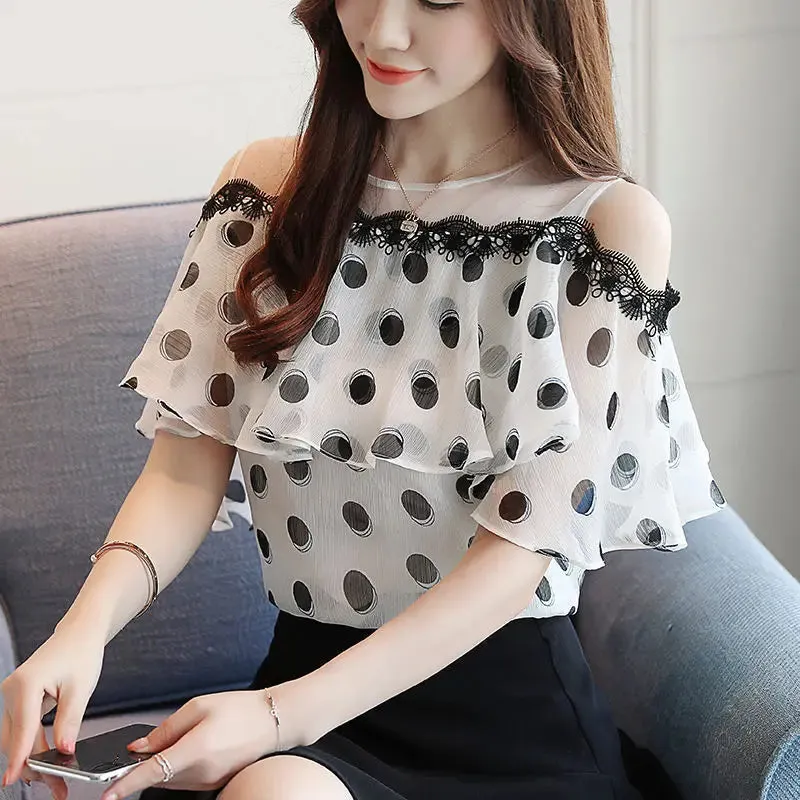 Dot Polka Sleeve Summer Short Loose Fashionable Sweet Chiffon Casual Top