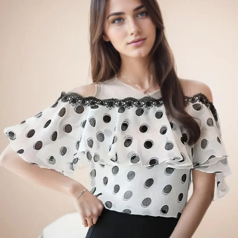 Dot Polka Sleeve Summer Short Loose Fashionable Sweet Chiffon Casual Top