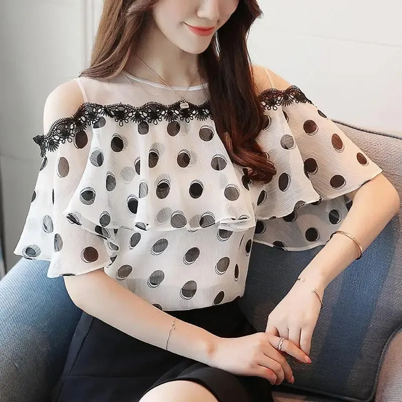 Dot Polka Sleeve Summer Short Loose Fashionable Sweet Chiffon Casual Top