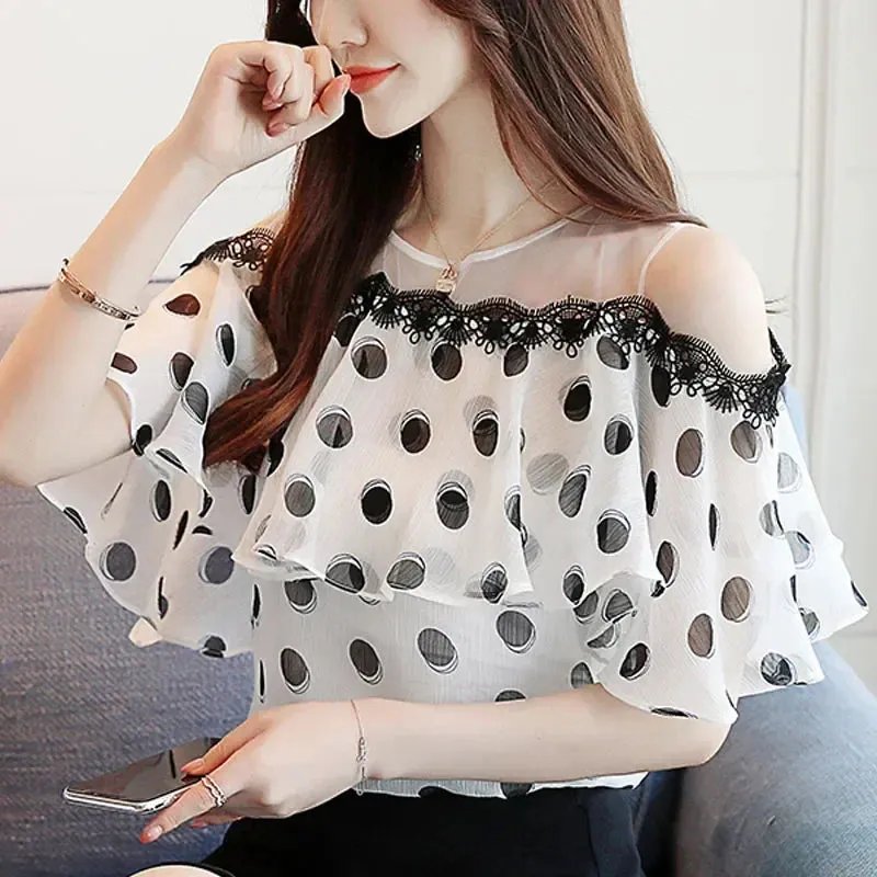 Dot Polka Sleeve Summer Short Loose Fashionable Sweet Chiffon Casual Top