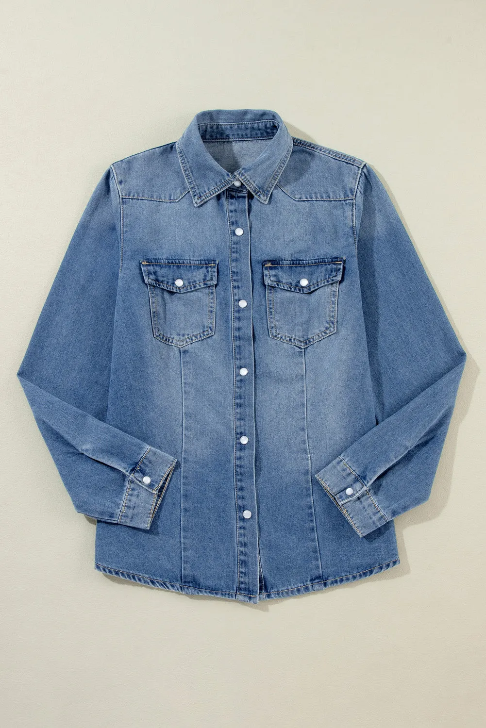 Dusk Blue Flap Pockets Slim Buttoned Denim Shirt