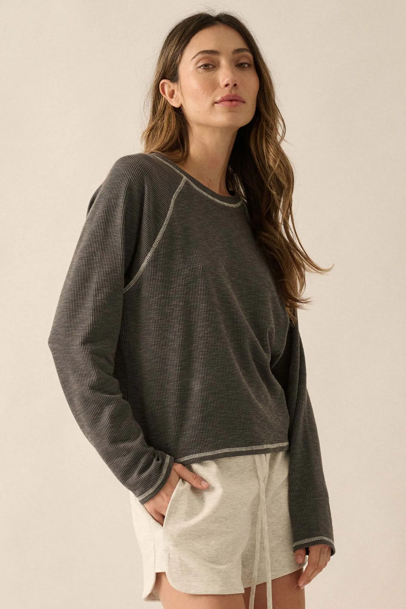 Easy Does It Raglan-Sleeve Rib-Knit Top