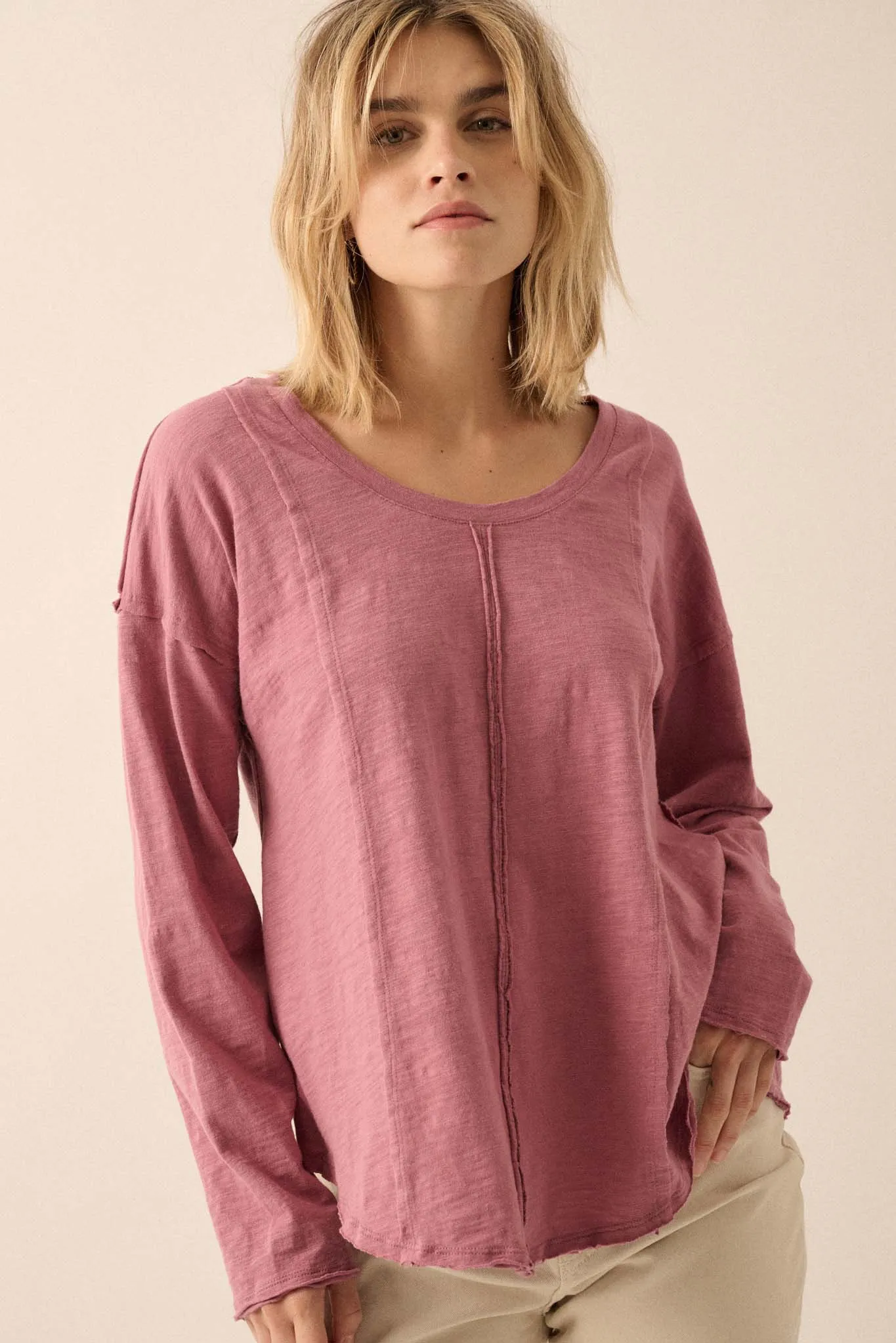 Easy Fit Cotton Slub Exposed-Seam Long-Sleeve Tee