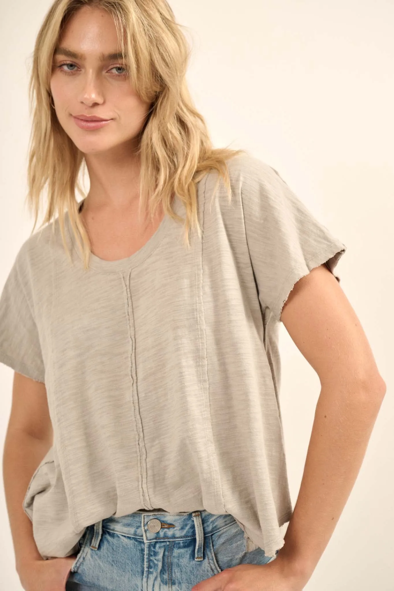 Easy Fit Vintage-Wash Slub Cotton Exposed-Seam Tee