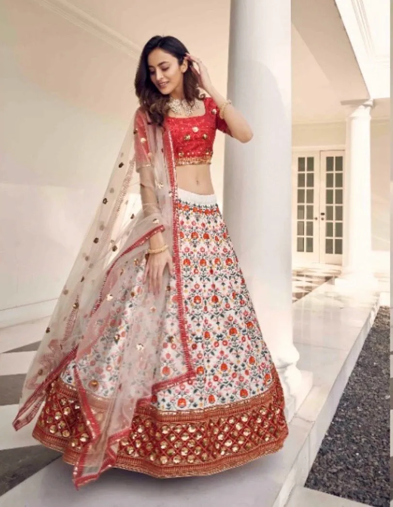 Embroidered Art Silk Lehenga in Off White