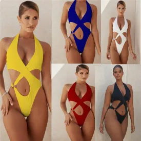 European and American Fashion One-piece Sexy Slim Solid Color Swimsuit