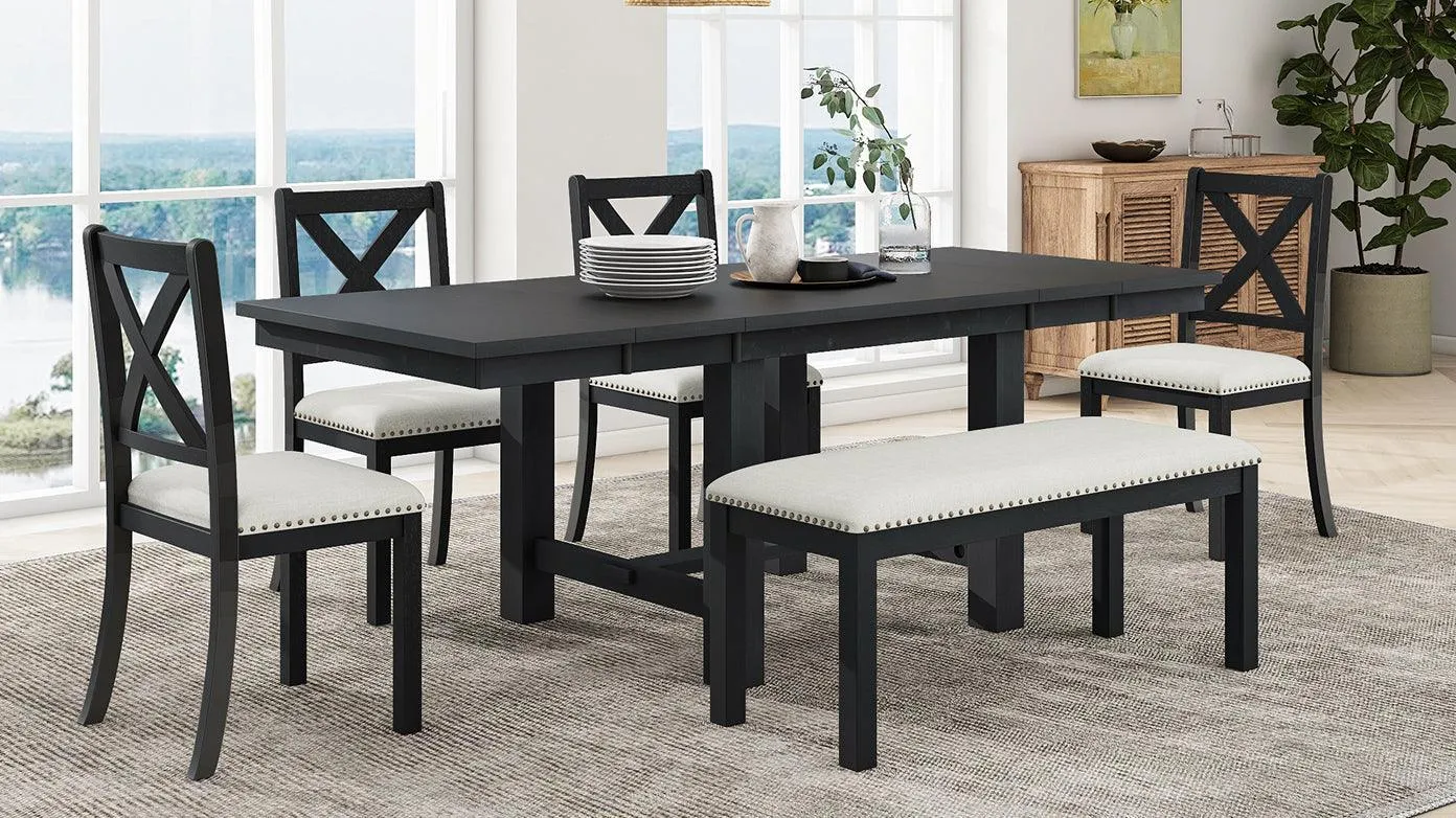 Farmhouse 82" 6-Piece Dining Set, Extendable Table with Footrest, 4 Chairs, Bench, Black/Beige