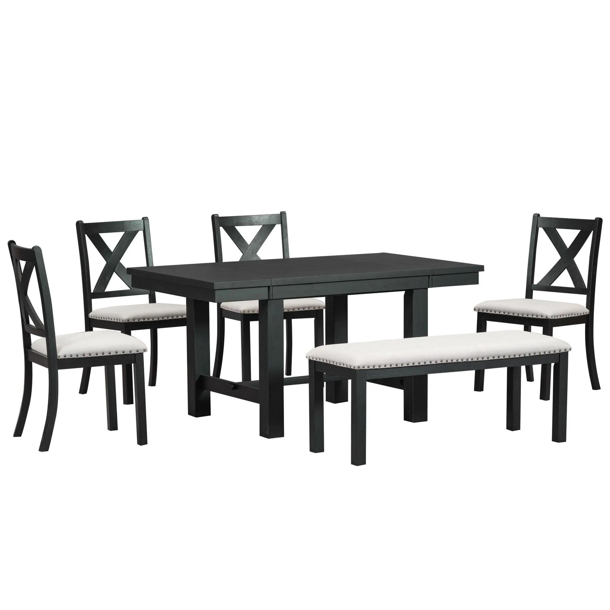 Farmhouse 82" 6-Piece Dining Set, Extendable Table with Footrest, 4 Chairs, Bench, Black/Beige