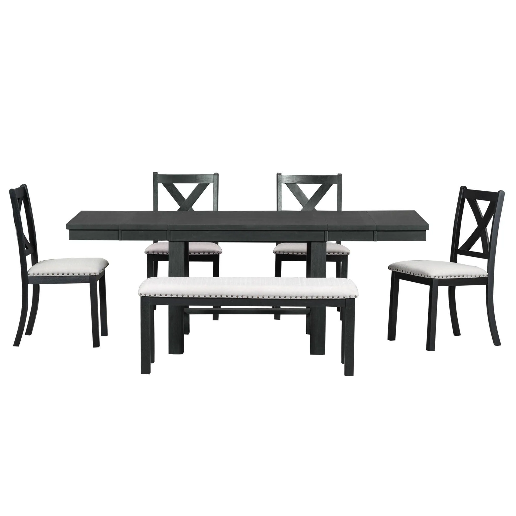 Farmhouse 82" 6-Piece Dining Set, Extendable Table with Footrest, 4 Chairs, Bench, Black/Beige