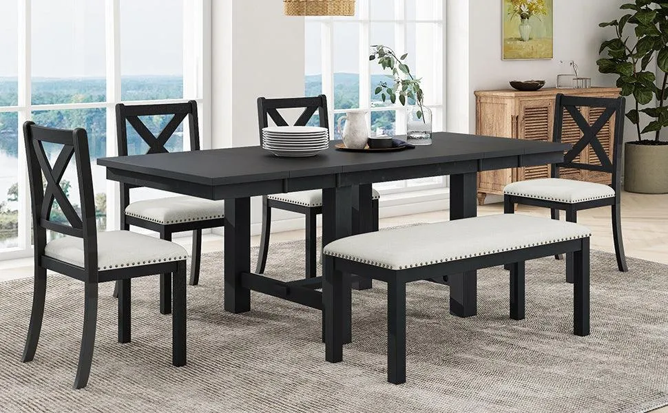 Farmhouse 82" 6-Piece Dining Set, Extendable Table with Footrest, 4 Chairs, Bench, Black/Beige