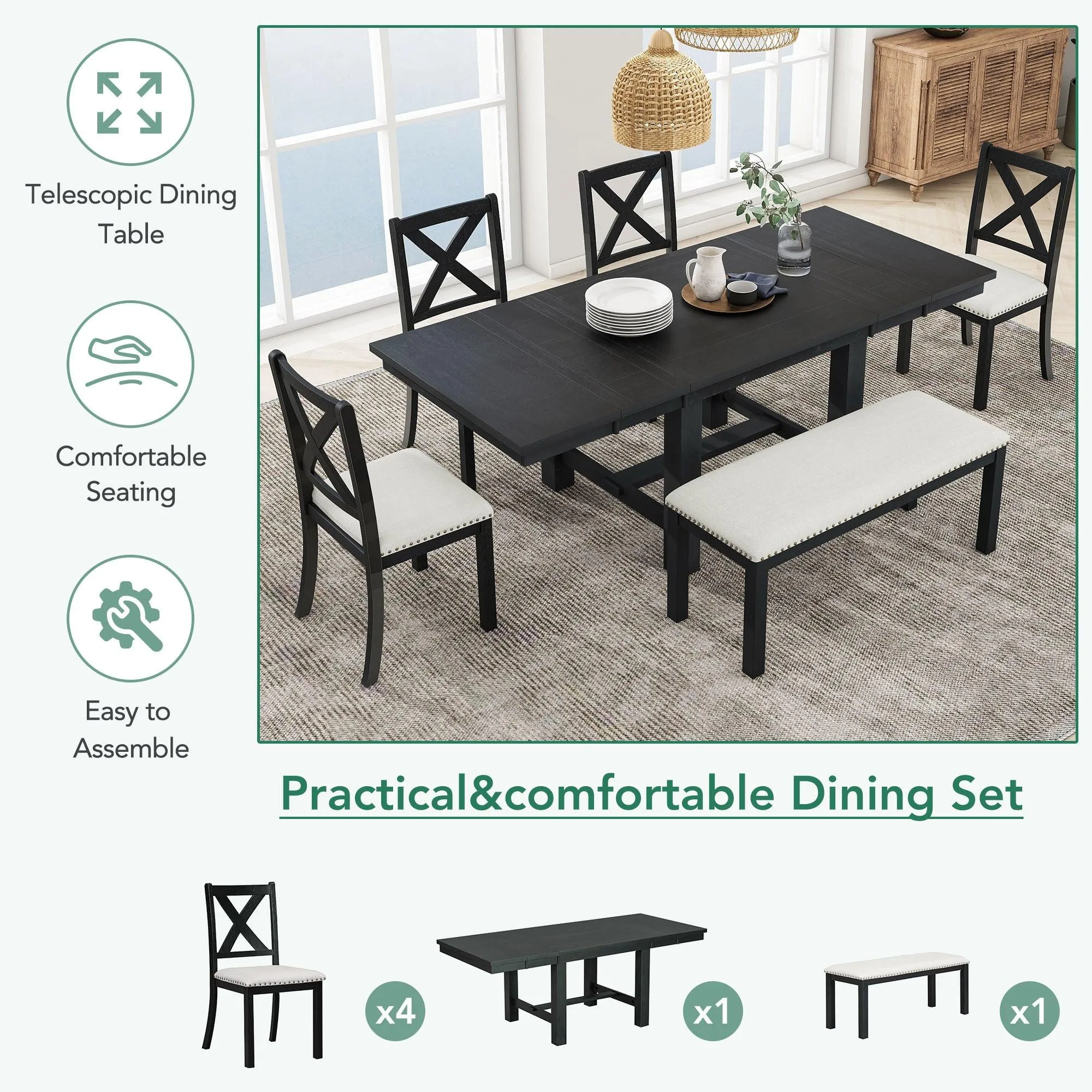 Farmhouse 82" 6-Piece Dining Set, Extendable Table with Footrest, 4 Chairs, Bench, Black/Beige