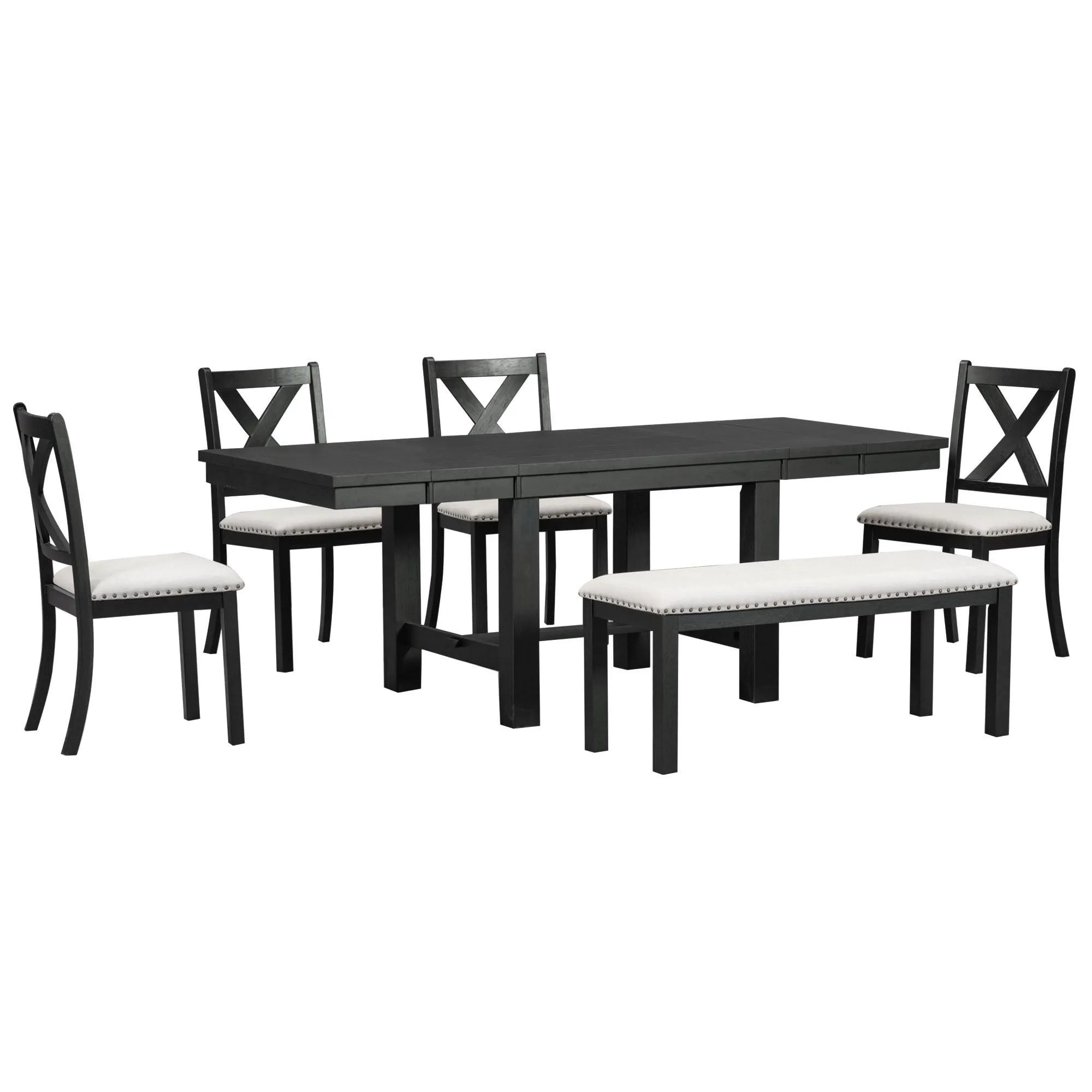 Farmhouse 82" 6-Piece Dining Set, Extendable Table with Footrest, 4 Chairs, Bench, Black/Beige