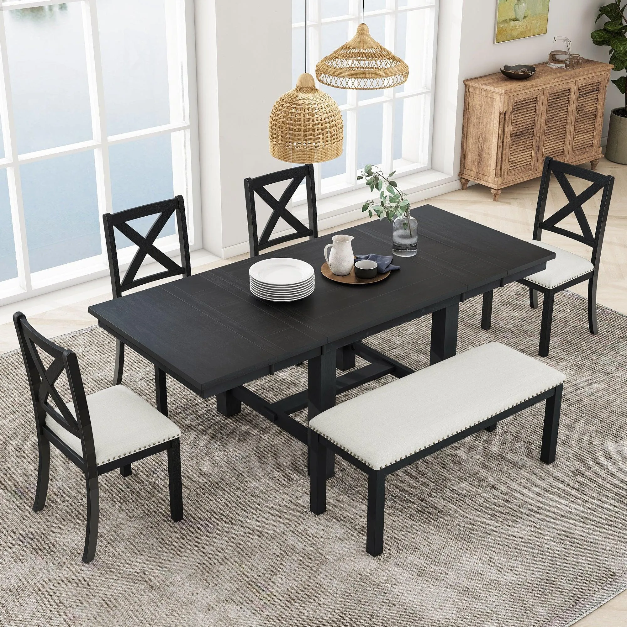 Farmhouse 82" 6-Piece Dining Set, Extendable Table with Footrest, 4 Chairs, Bench, Black/Beige