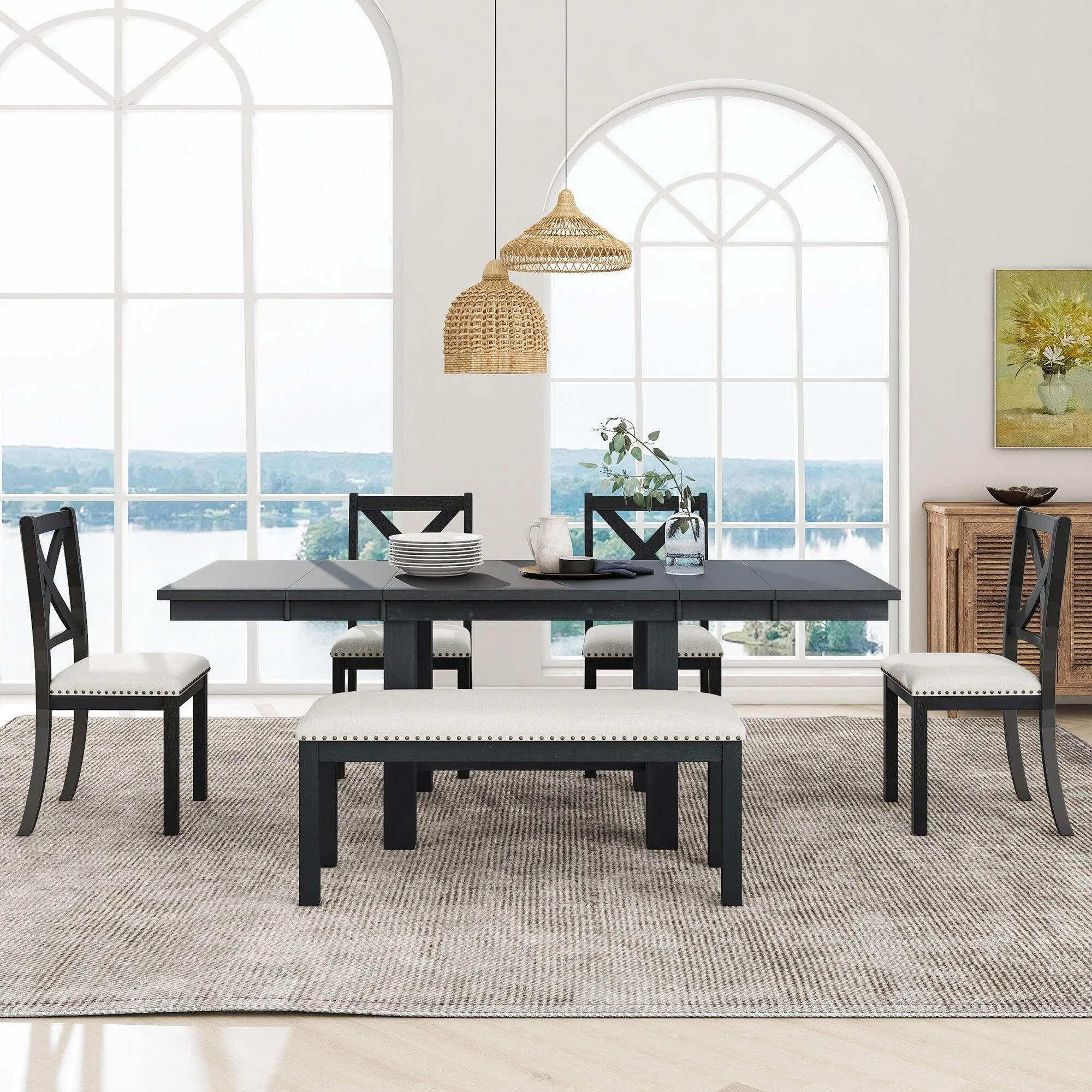 Farmhouse 82" 6-Piece Dining Set, Extendable Table with Footrest, 4 Chairs, Bench, Black/Beige