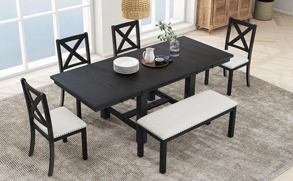 Farmhouse 82" 6-Piece Dining Set, Extendable Table with Footrest, 4 Chairs, Bench, Black/Beige