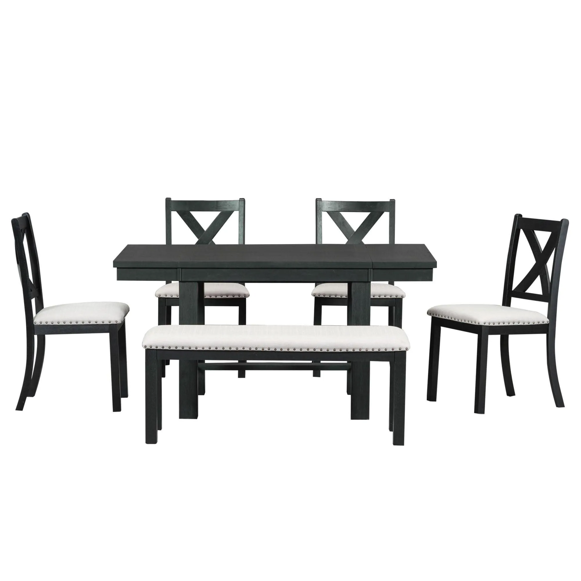 Farmhouse 82" 6-Piece Dining Set, Extendable Table with Footrest, 4 Chairs, Bench, Black/Beige