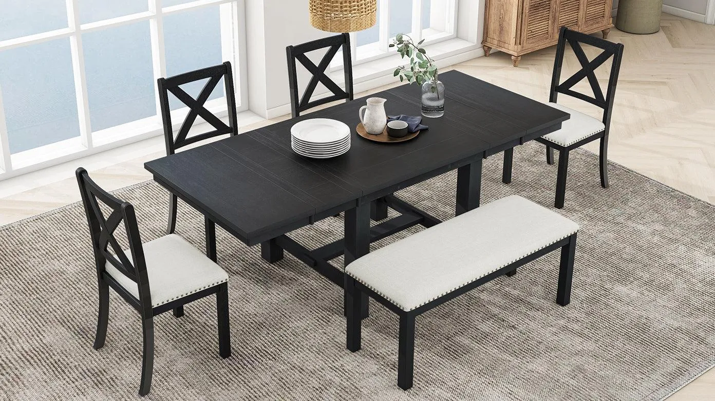 Farmhouse 82" 6-Piece Dining Set, Extendable Table with Footrest, 4 Chairs, Bench, Black/Beige