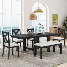 Farmhouse 82" 6-Piece Dining Set, Extendable Table with Footrest, 4 Chairs, Bench, Black/Beige