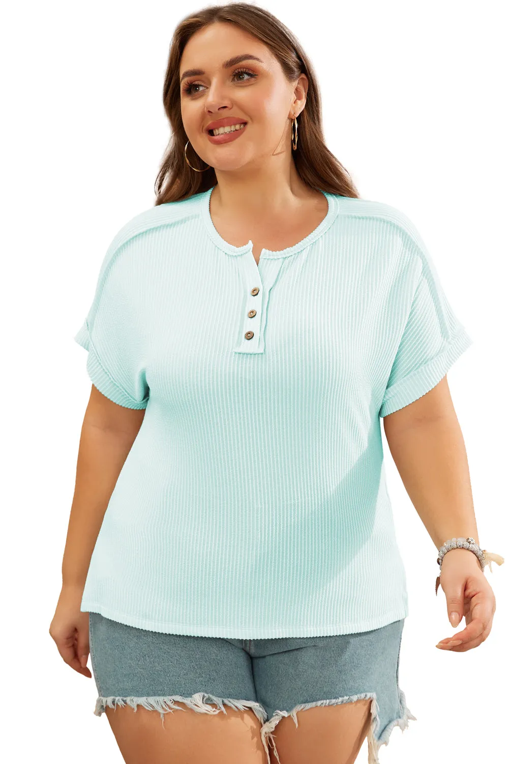 Iceland Blue Plus Size Textured Henley T Shirt