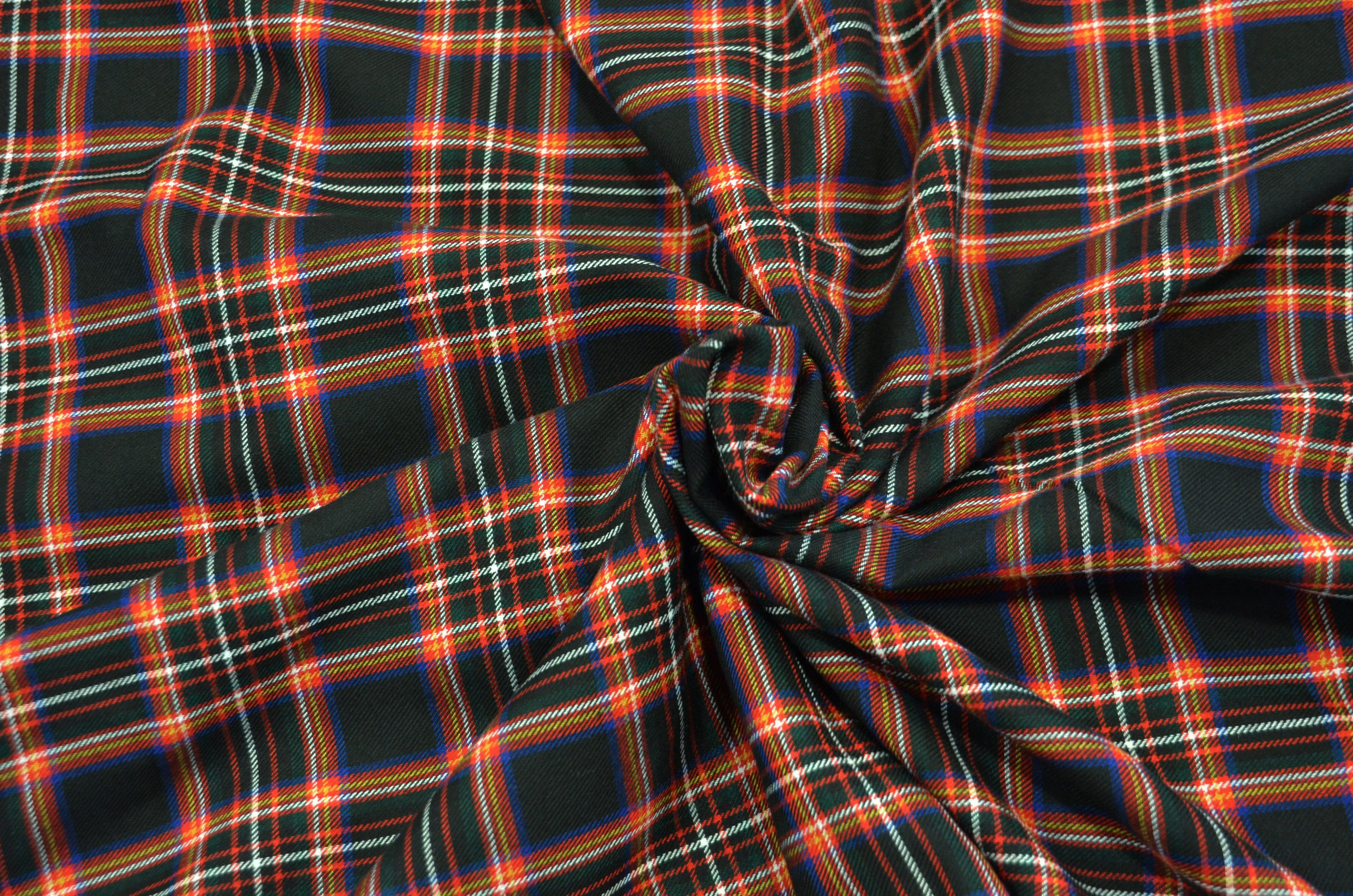 Irish Black Tartan Fabric | Black and Red Plaid Checker | 60" Wide | Poly Rayon Kilt | Decor, Napkins, Scarves, Costumes, Blanket, Face Mask, Kilt |