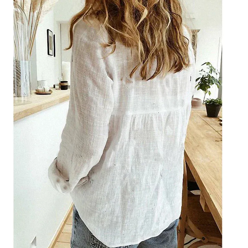 Lapel Long Summer Cotton Loose CasualTop Elegant Button Sleeve Cardigan Autumn Linen Top