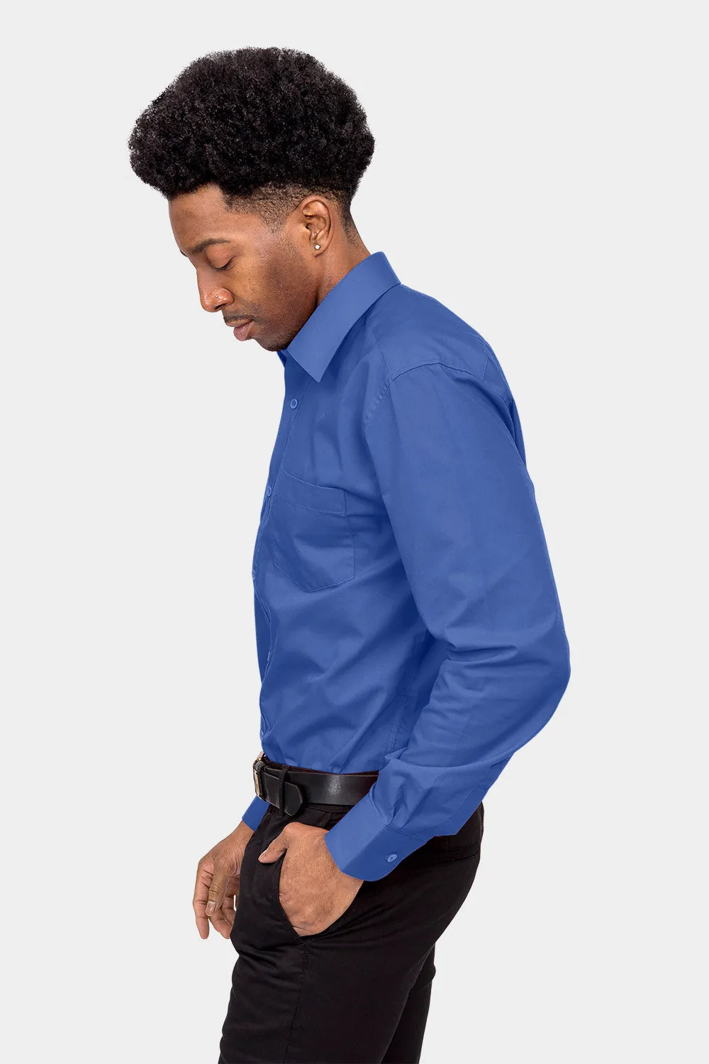 Men's Basic Solid Color Button Up Dress Shirt (French Blue)