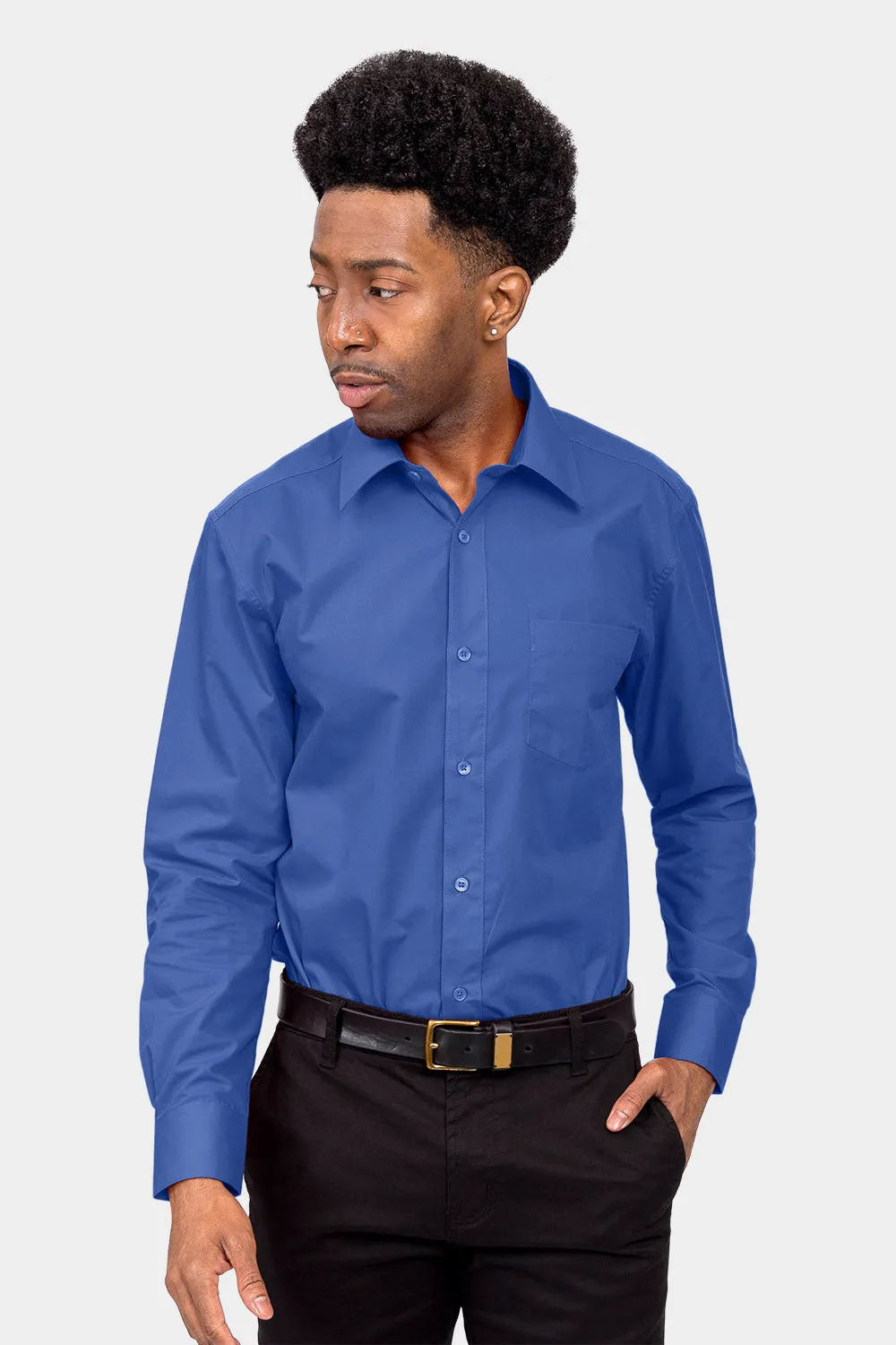 Men's Basic Solid Color Button Up Dress Shirt (French Blue)