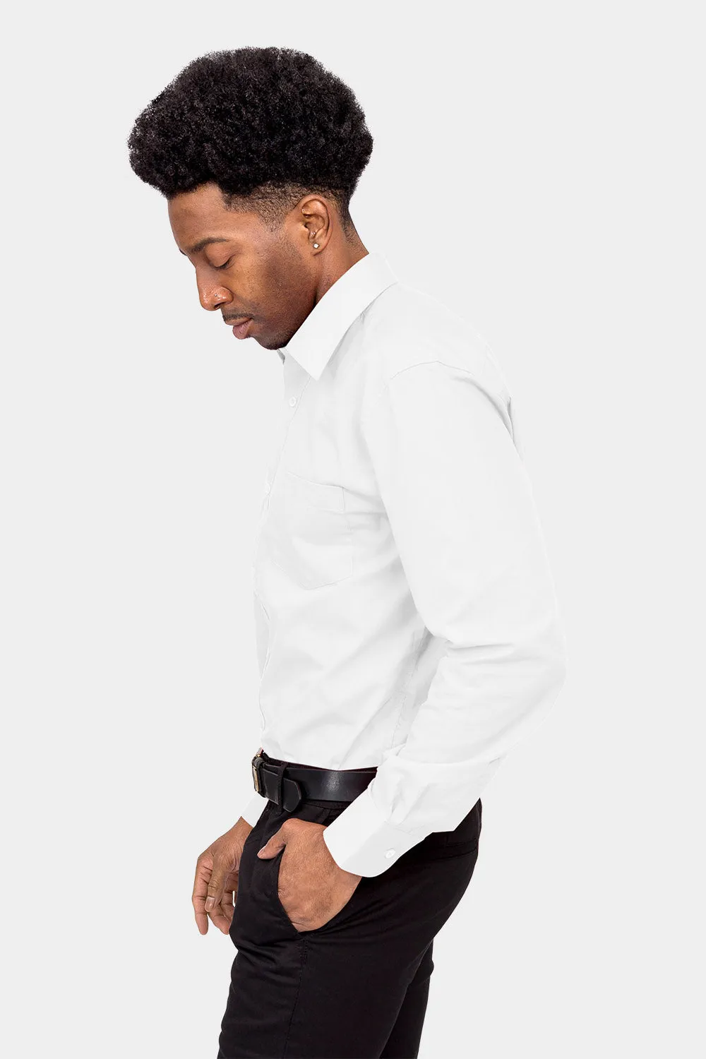 Men's Basic Solid Color Button Up Dress Shirt (White)