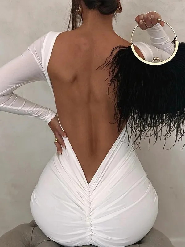 Momnfancy Backless Ruched Long Sleeve Fashion Bodycon Photoshoot Baby Shower Maternity Maxi Dress