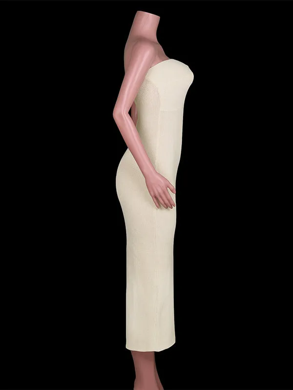 Momnfancy Beige Bandeau Twist Bow Back Slit Bodycon Fashion Baby Shower Maternity Maxi Dress