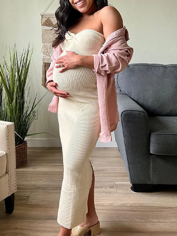 Momnfancy Beige Bandeau Twist Bow Back Slit Bodycon Fashion Baby Shower Maternity Maxi Dress