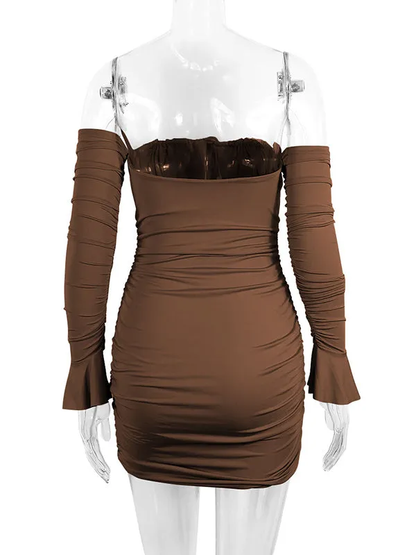 Momnfancy Brown Off Shoulder Ruched Tie Slit Flare Sleeve Bodycon Fashion Bodyocn Party Baby Shower Maternity Mini Dress