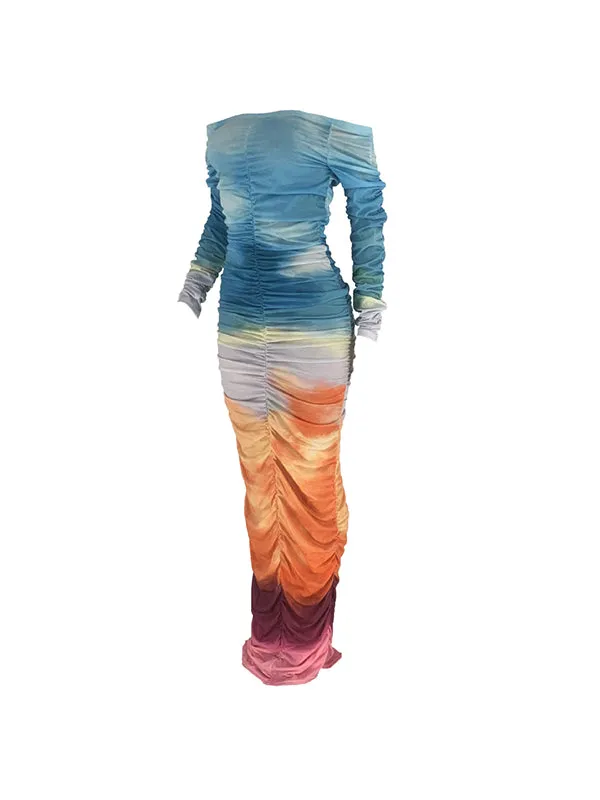 Momnfancy Tie Dye Off Shoulder Shirred Ruched Slash Neck Gradient Color Photoshoot Maternity Maxi Dress