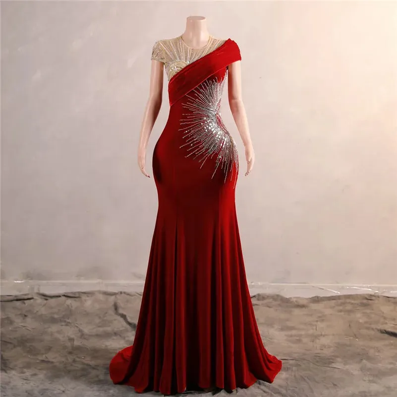 New Arrival Red Formal Evening Dresses  Sheer Cap Sleeve Beadings Sequins Long Party Prom Gowns For New Years Dress BM3508