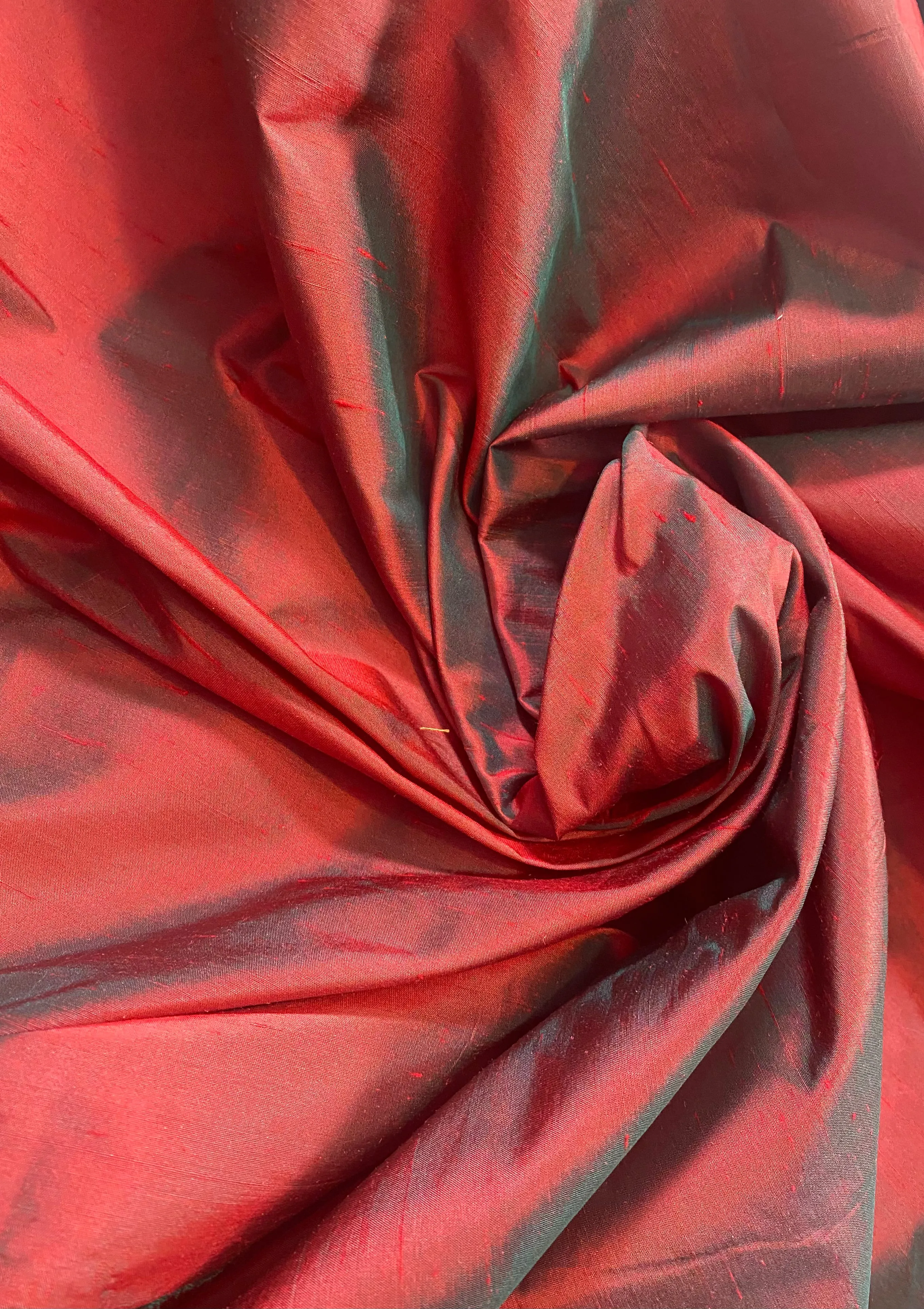 NEW Duchess Mable 100% Silk Dupioni Fabric Solid Red w/ Electric Green Iridescence