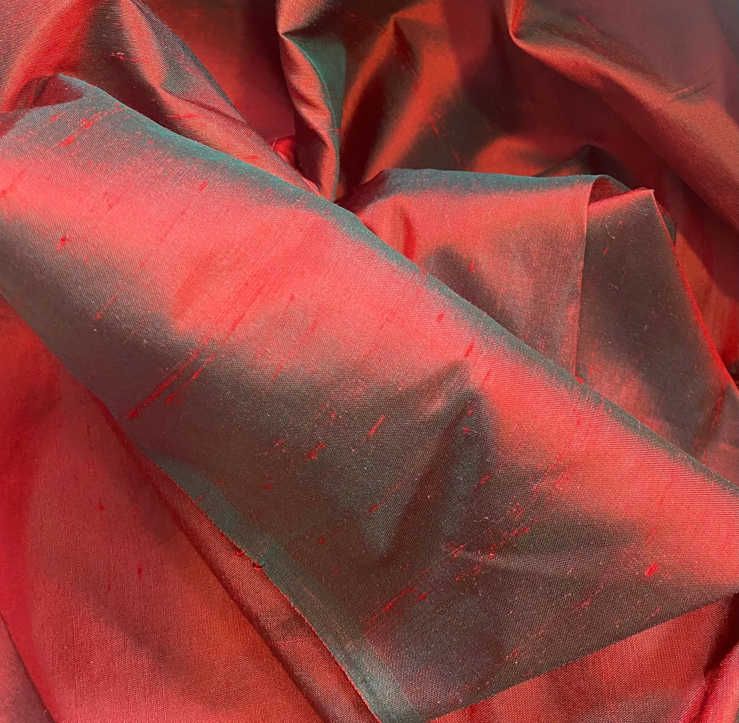 NEW Duchess Mable 100% Silk Dupioni Fabric Solid Red w/ Electric Green Iridescence