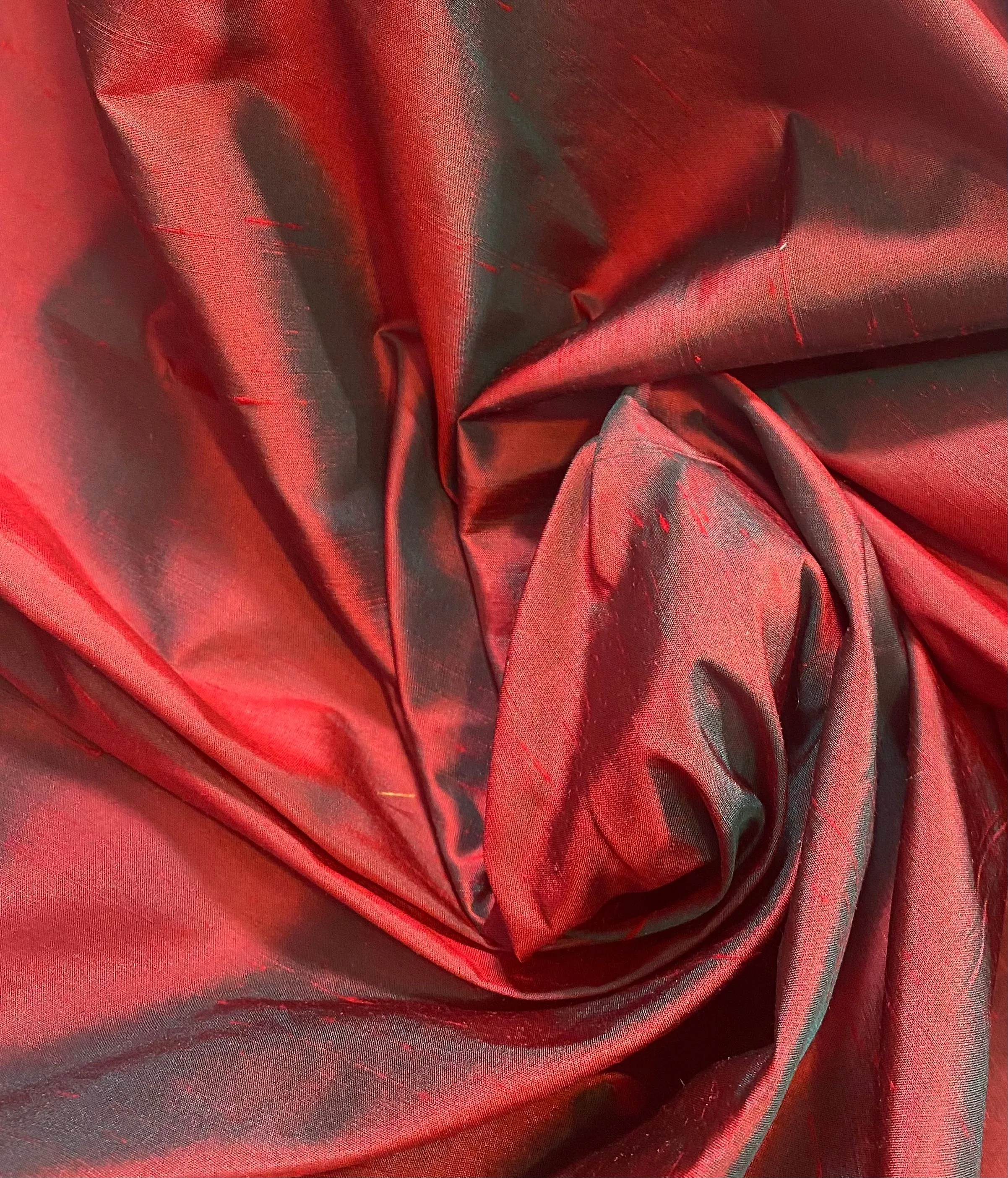 NEW Duchess Mable 100% Silk Dupioni Fabric Solid Red w/ Electric Green Iridescence