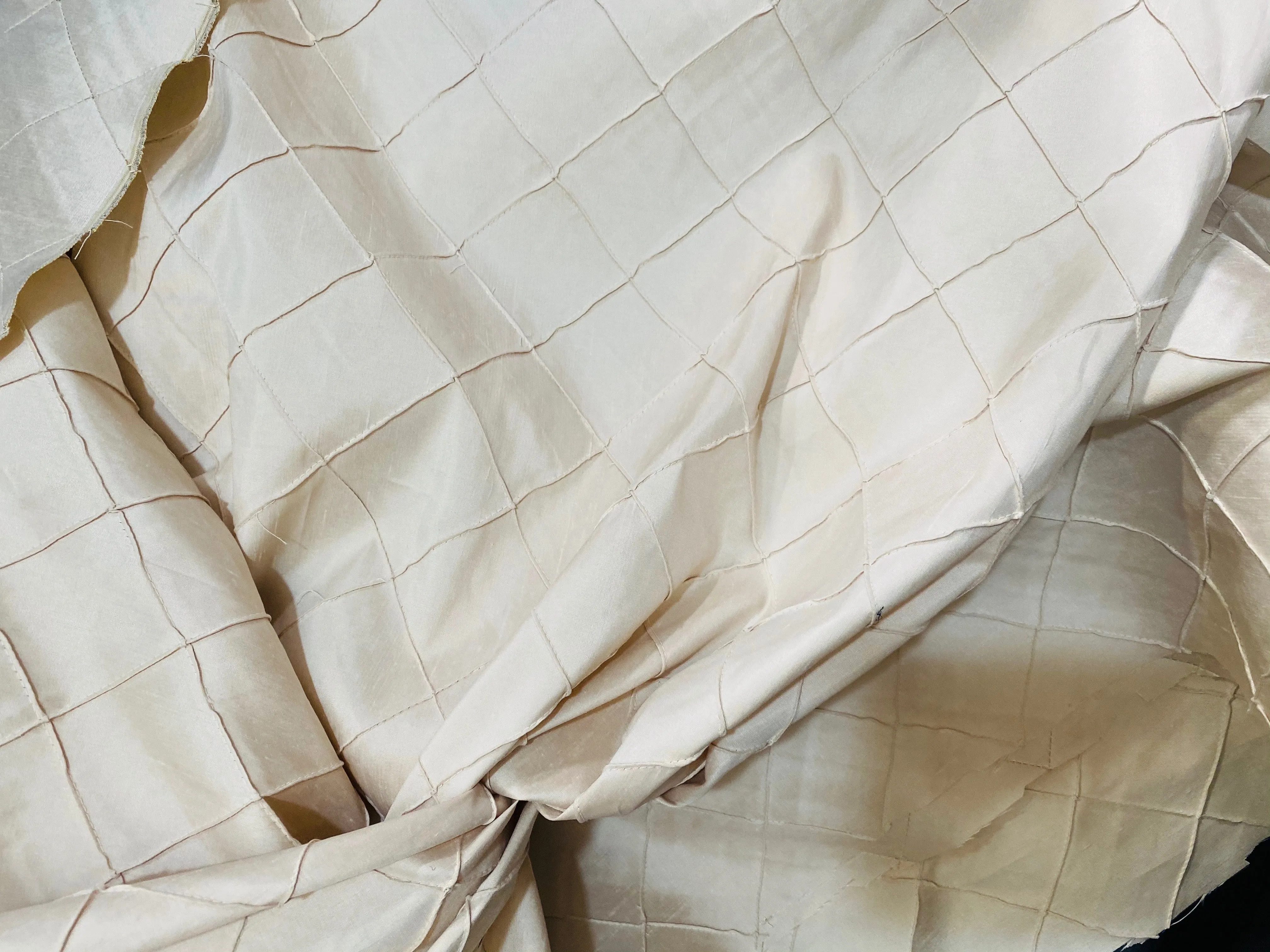 NEW Queen Lila 100% Silk Dupioni Pintuck Diamond Cream Fabric By The Yard