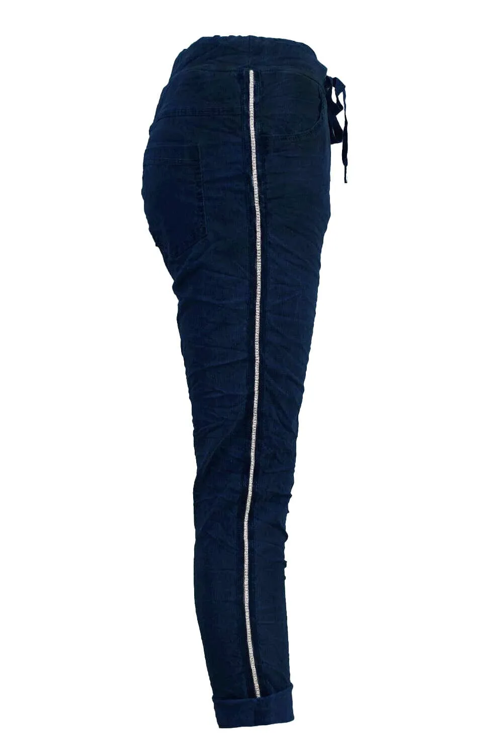 Rhinestone Side Stripe Crinkle Jogger Navy