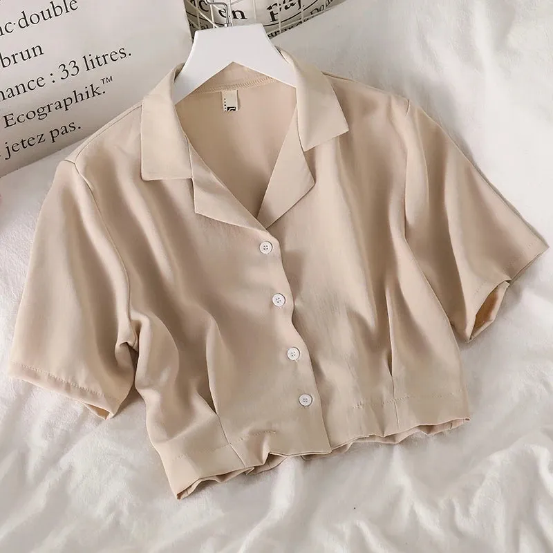 Shirts Women Notched Crop Top Simple New Summer Ladies All-match Chic Elegant Ulzzang Harajuku Fashion Solid Chiffon Design Slim