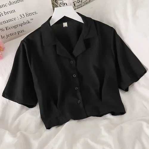 Shirts Women Notched Crop Top Simple New Summer Ladies All-match Chic Elegant Ulzzang Harajuku Fashion Solid Chiffon Design Slim