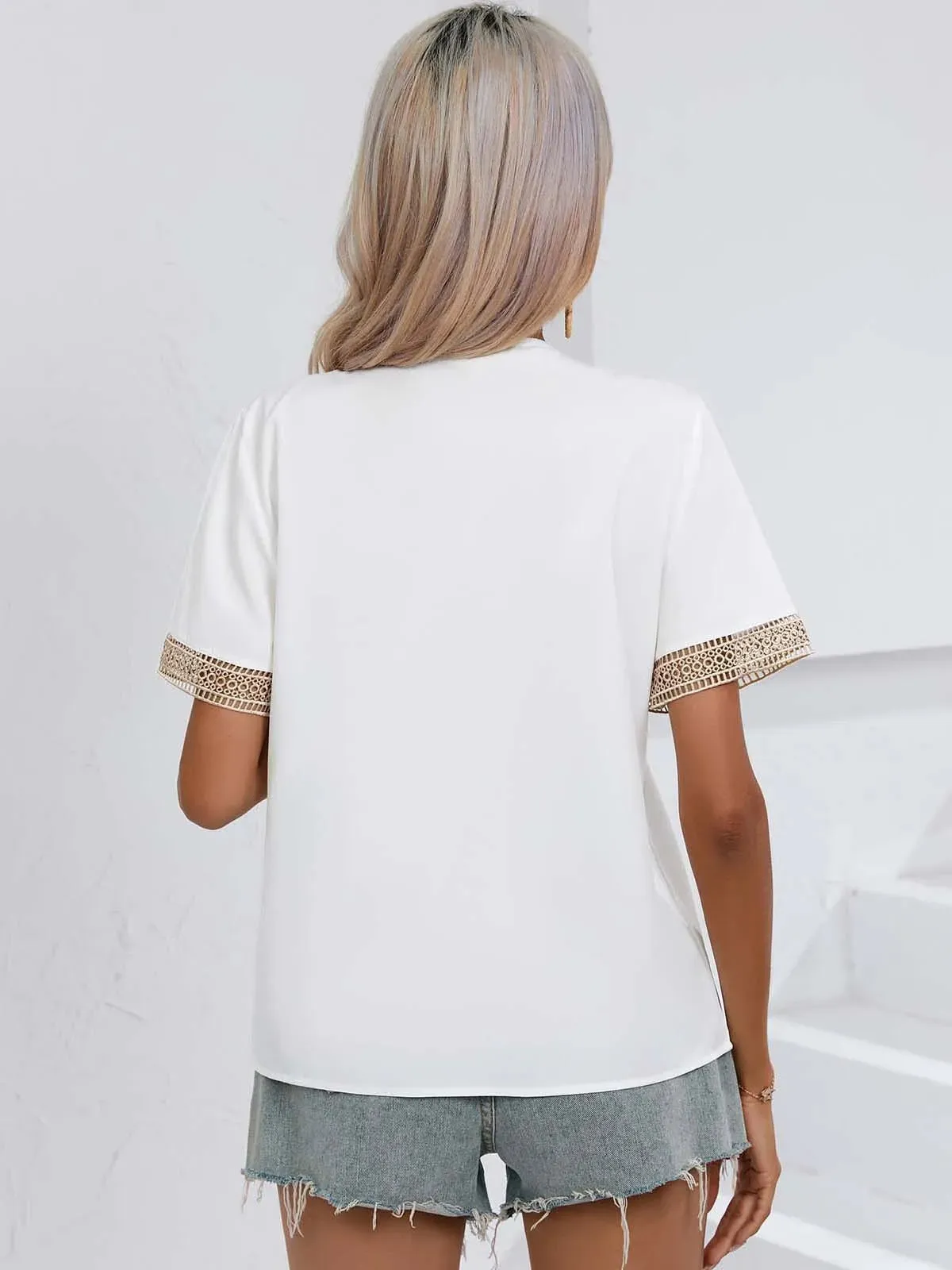 Short Sleeve Chiffon Splicing Neck Casual Elegant Loose Lace V Top