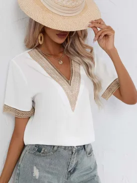 Short Sleeve Chiffon Splicing Neck Casual Elegant Loose Lace V Top