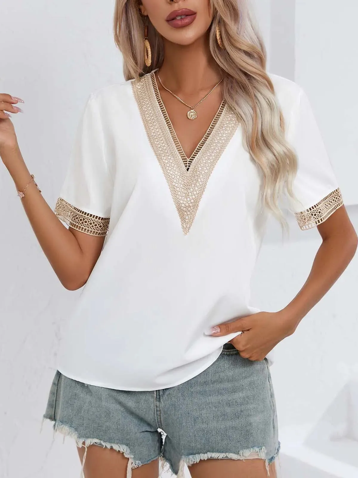 Short Sleeve Chiffon Splicing Neck Casual Elegant Loose Lace V Top