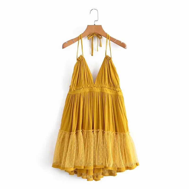 Solid Color Ruffle Tie Dress