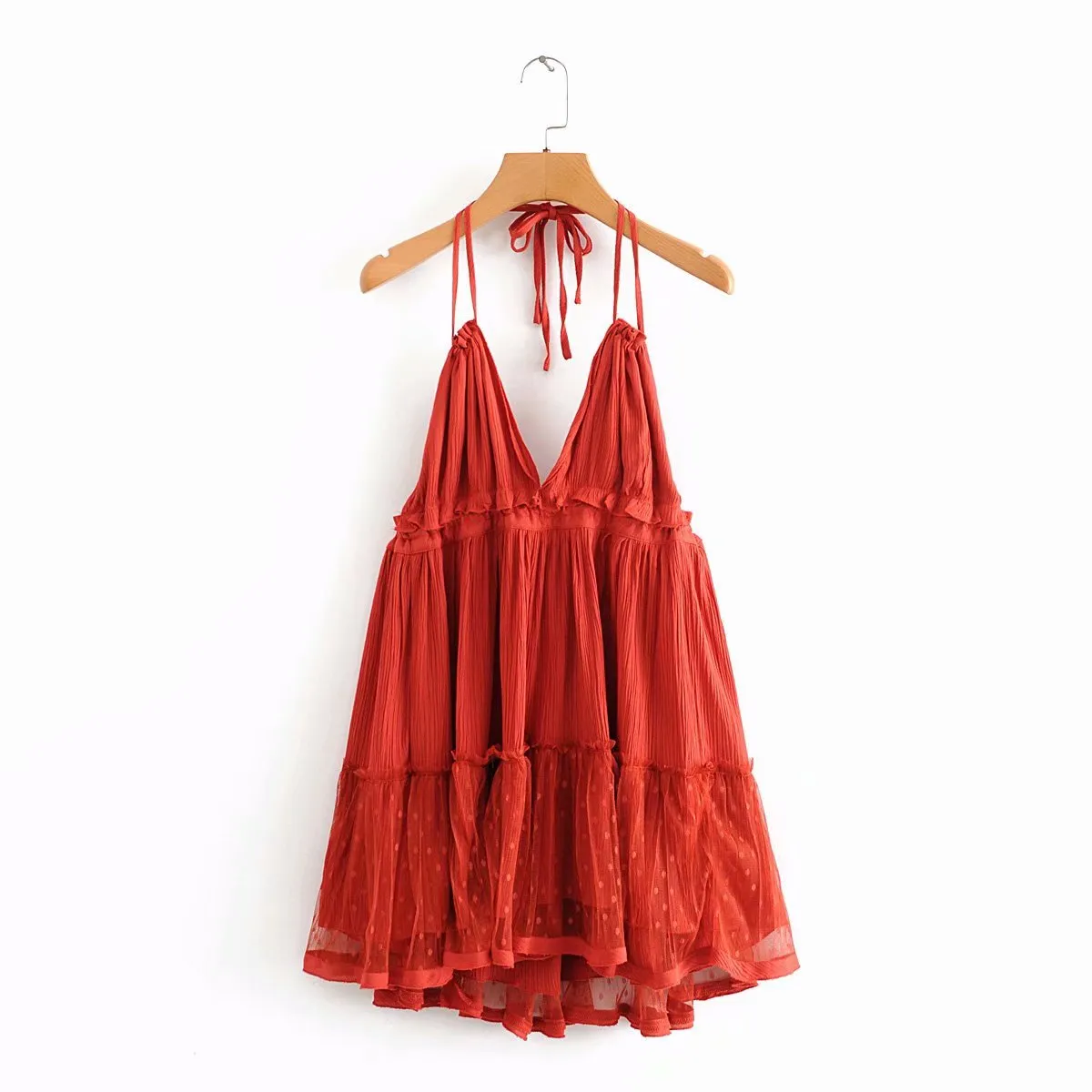 Solid Color Ruffle Tie Dress