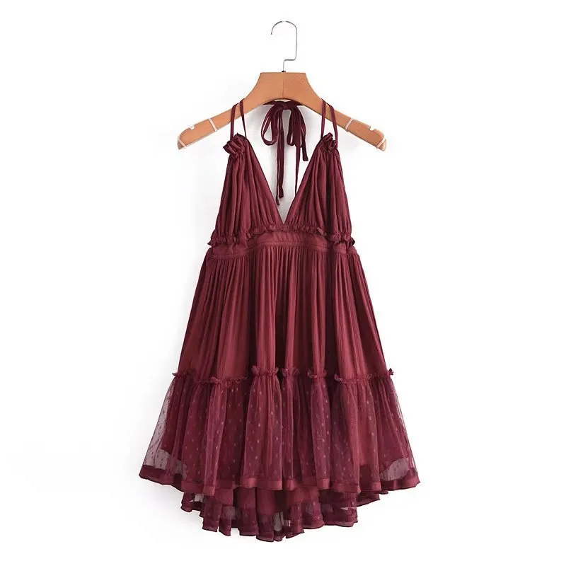 Solid Color Ruffle Tie Dress