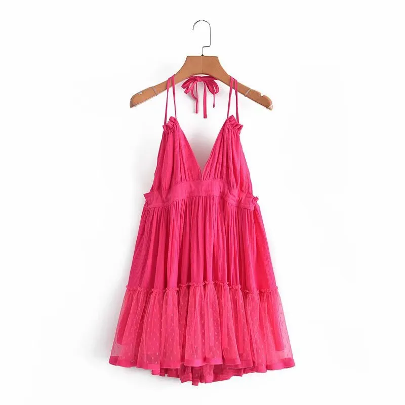 Solid Color Ruffle Tie Dress